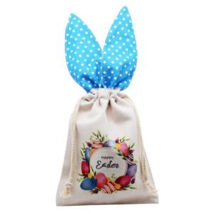 Blue Rabbit Ears Easter Linen Drawstring Bag